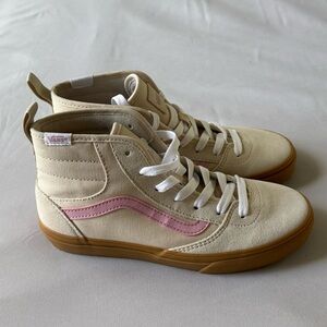 Vans Kids High-Top Canvas Sneakers in Cream with Pink Side Stripe